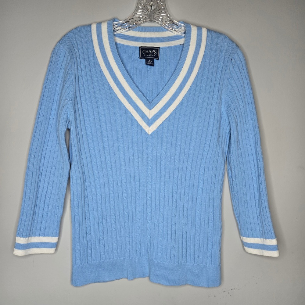 Chaps Classics Womens Blue‎ Cable Knit V Neck Sweater Sporty Stripes Size M